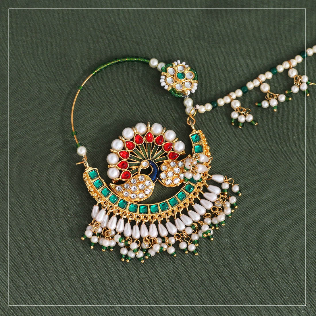 Maroon & Green Color Kundan & Beads Meenakari Nose Nath (NTH319MG) - preyans.com