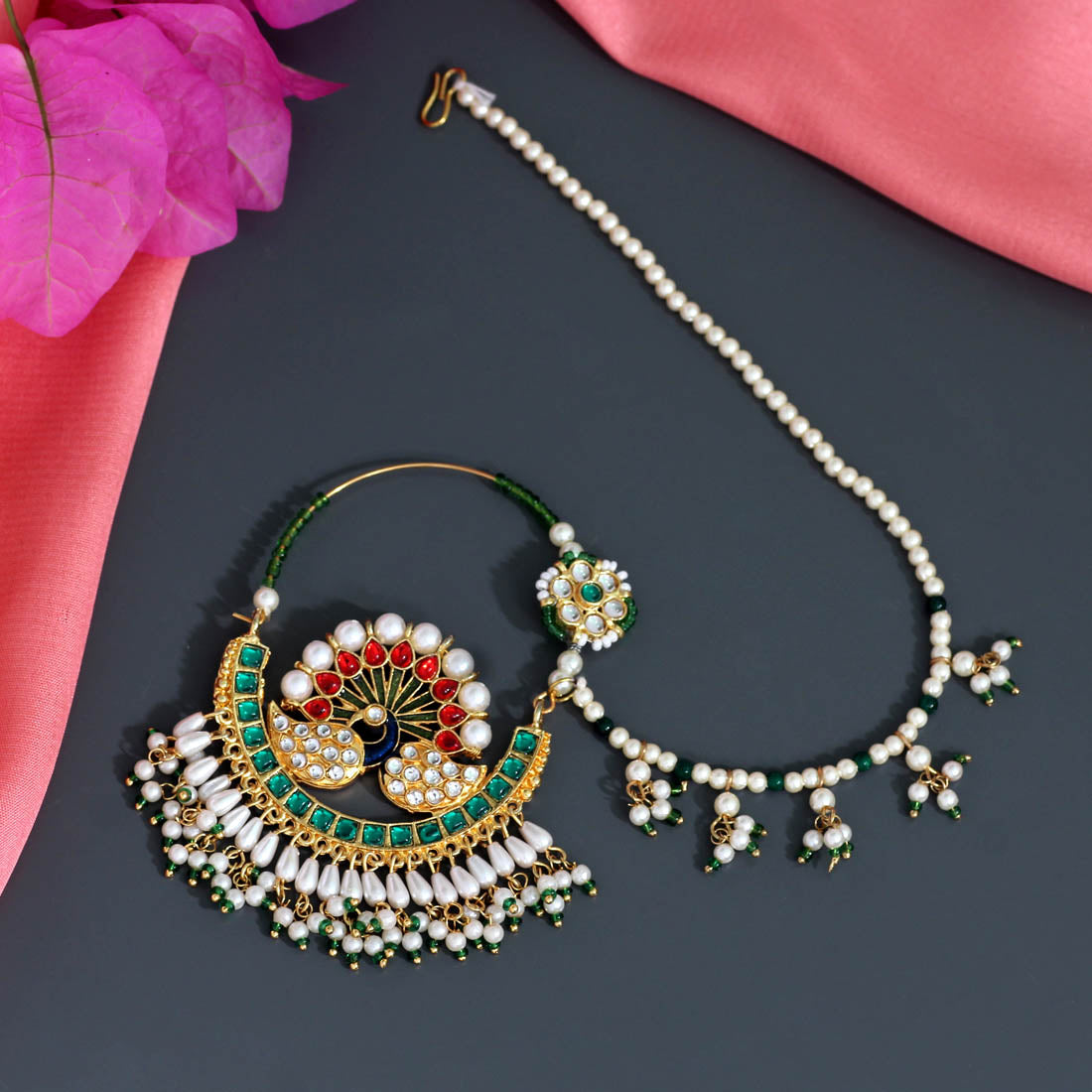 Maroon & Green Color Kundan & Beads Meenakari Nose Nath (NTH319MG) - preyans.com