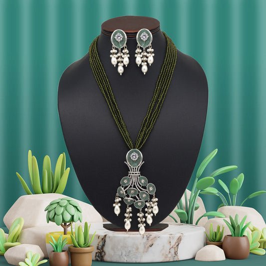 Mehandi Green Color American Diamond Necklace Set (PCZN785MGRN) - preyans.com