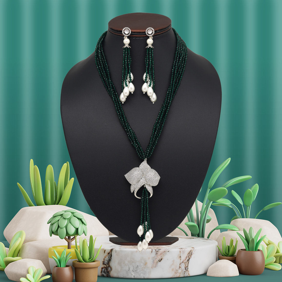 Green Color American Diamond Necklace Set (PCZN787GRN) - preyans.com