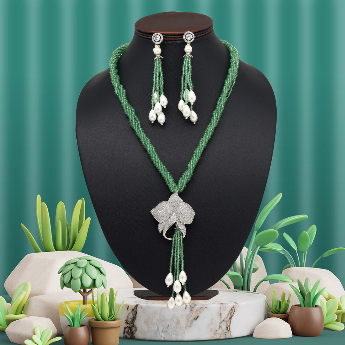 Pista Green Color American Diamond Necklace Set (PCZN787PGRN) - preyans.com