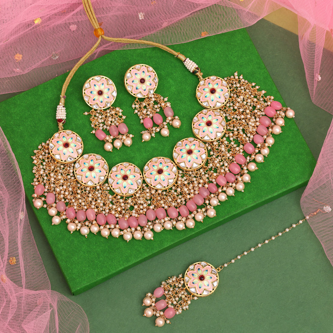 Pink Color Meenakari Necklace Set (PMKN504PNK) - preyans.com