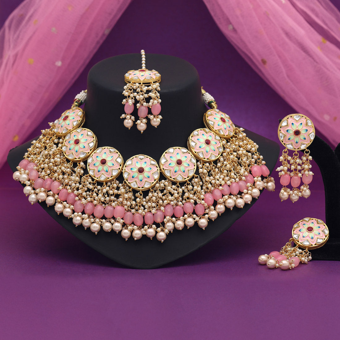 Pink Color Meenakari Necklace Set (PMKN504PNK) - preyans.com