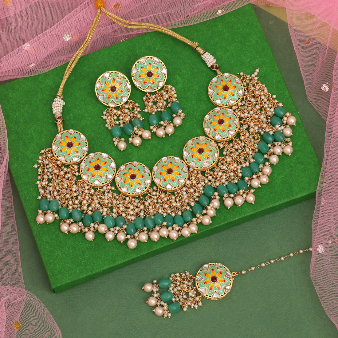 Rama Green Color Meenakari Necklace Set (PMKN504RGRN) - preyans.com