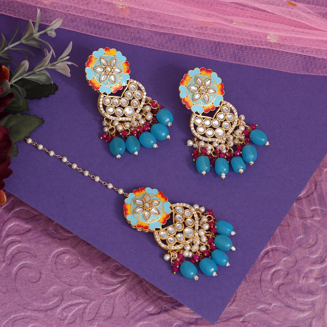 Firozi Color Meenakari Necklace Set (PMKN506FRZ) - preyans.com