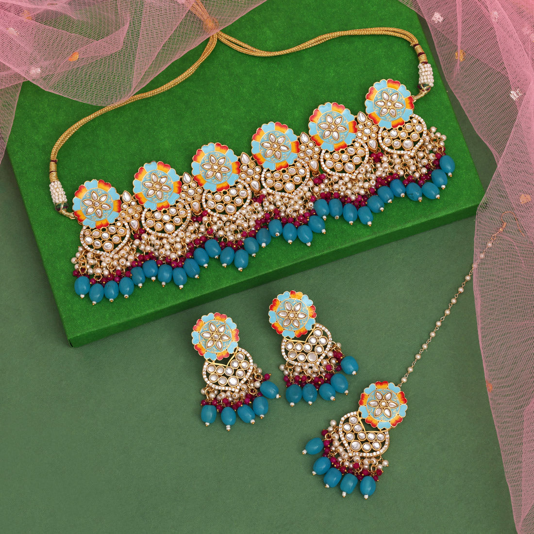 Firozi Color Meenakari Necklace Set (PMKN506FRZ) - preyans.com