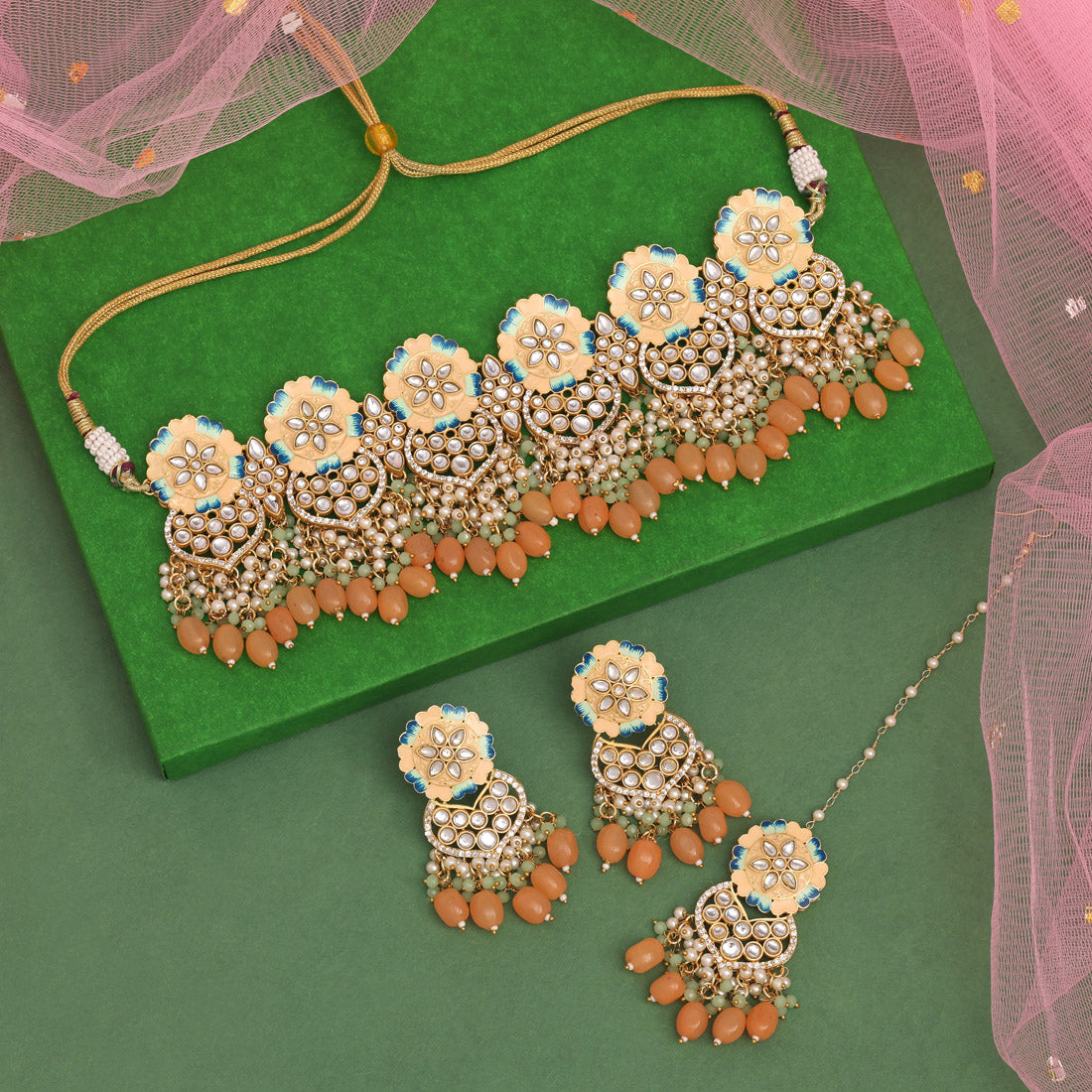 Peach Color Meenakari Necklace Set (PMKN506PCH) - preyans.com