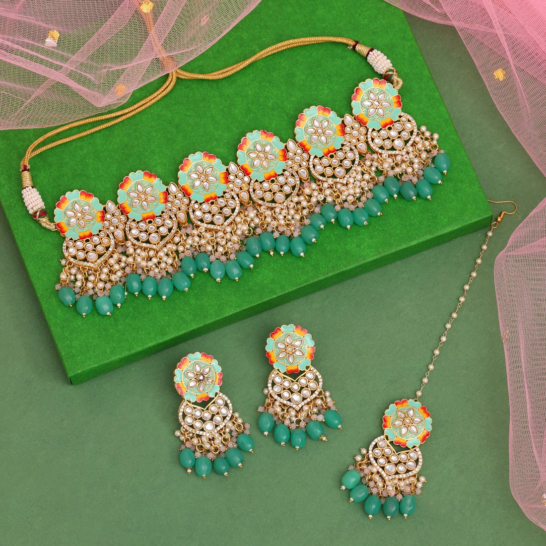 Rama Green Color Meenakari Necklace Set (PMKN506RGRN) - preyans.com