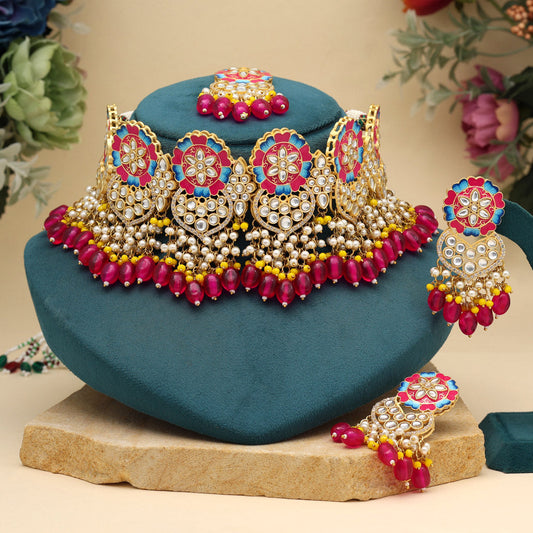 Rani Color Meenakari Necklace Set (PMKN506RNI) - preyans.com