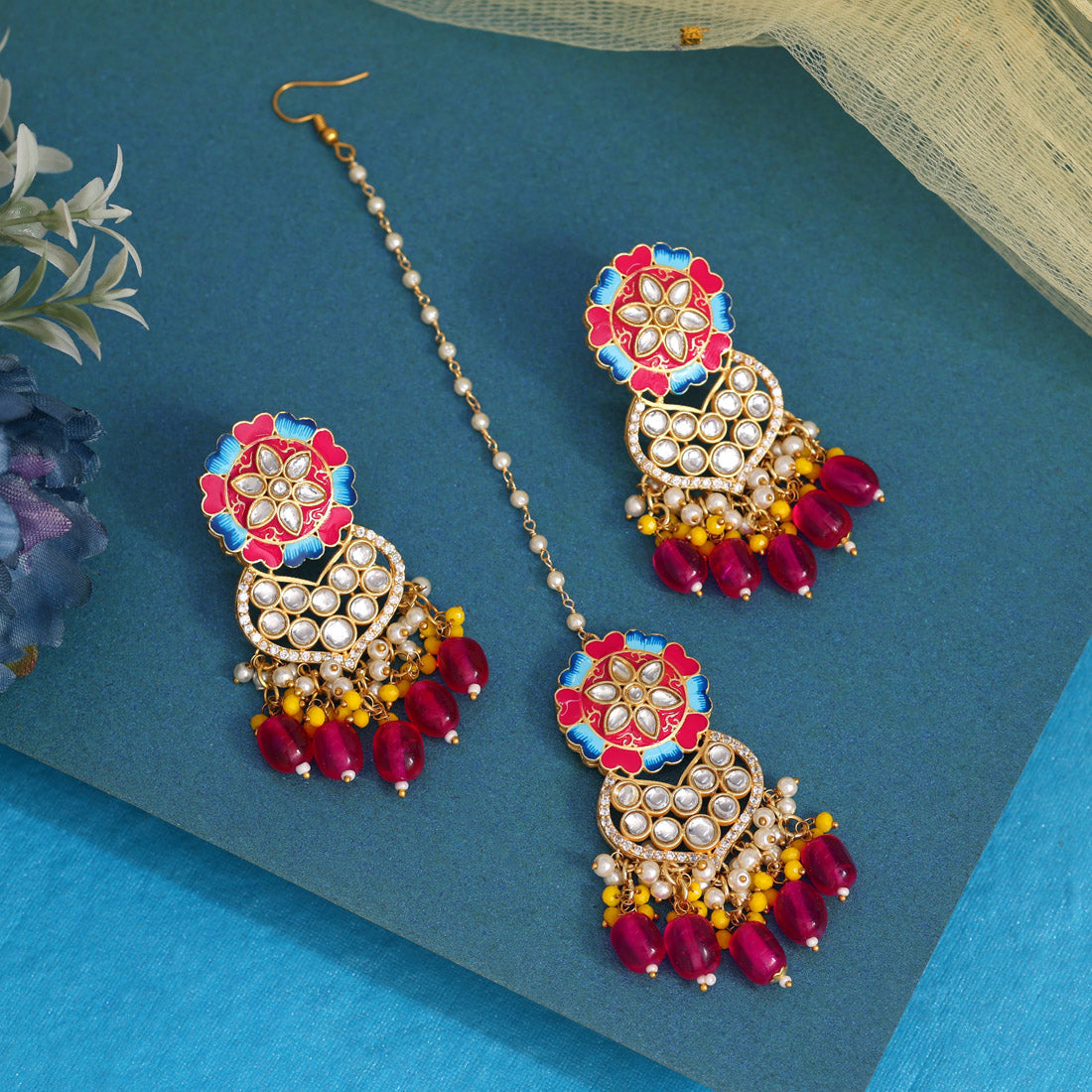 Rani Color Meenakari Necklace Set (PMKN506RNI) - preyans.com