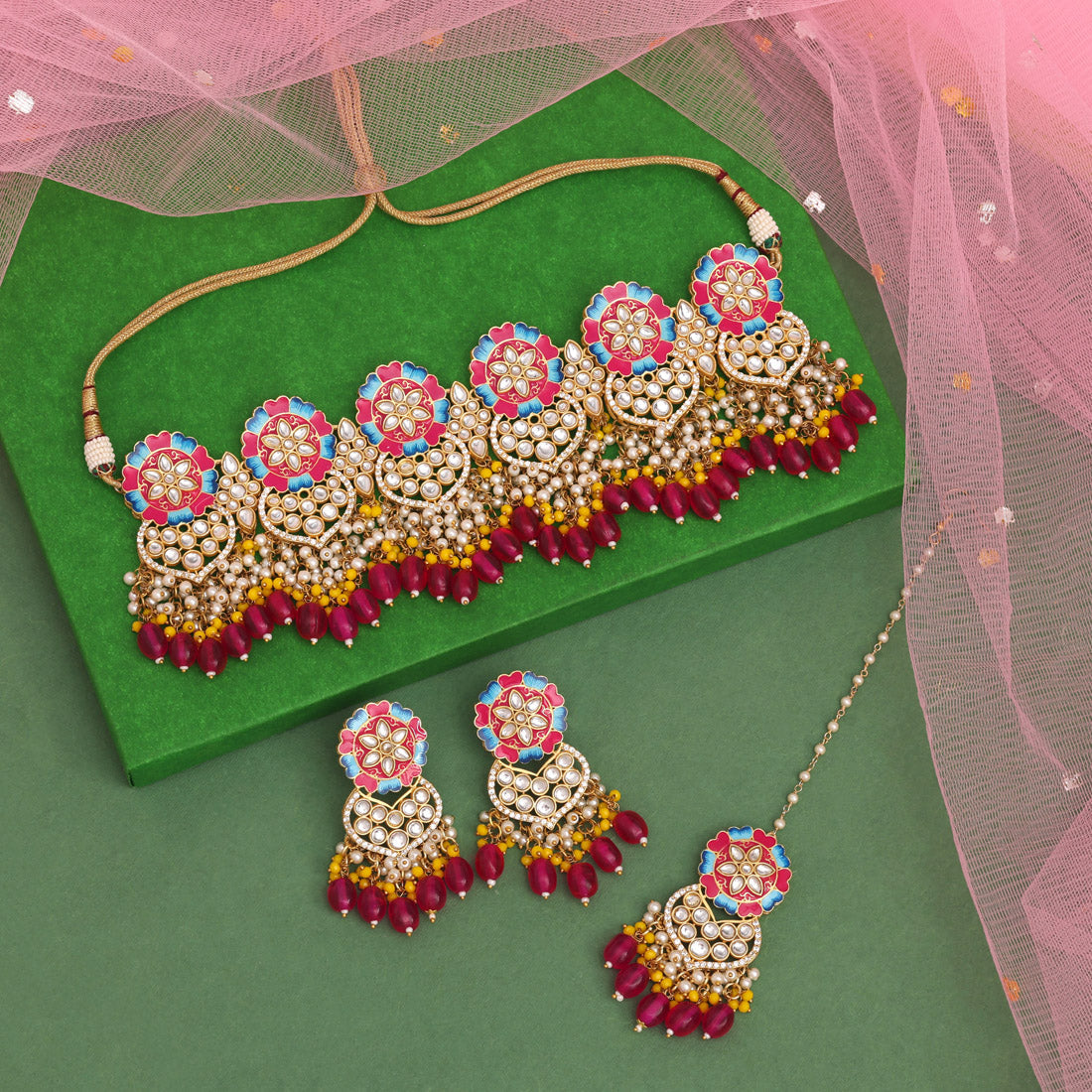 Rani Color Meenakari Necklace Set (PMKN506RNI) - preyans.com