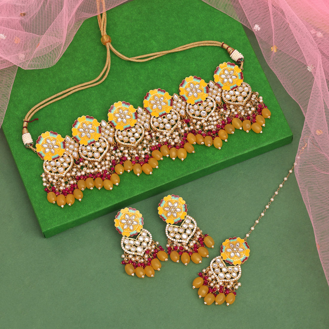 Yellow Color Meenakari Necklace Set (PMKN506YLW) - preyans.com