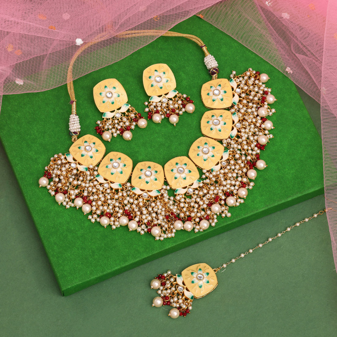 Cream Color Meenakari Necklace Set (PMKN509CRM) - preyans.com