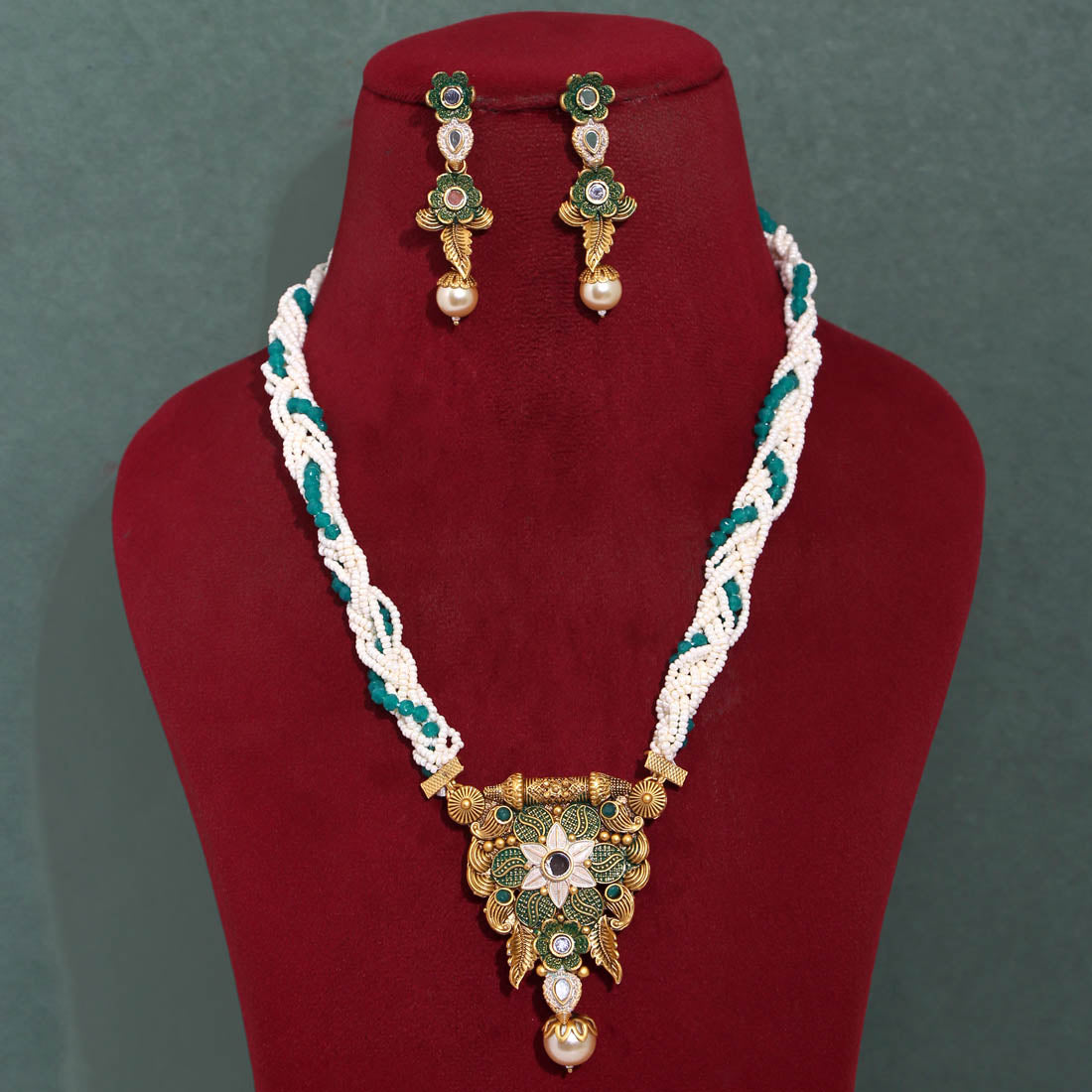 Green Color Stone Necklace Set (PN730GRN) - preyans.com