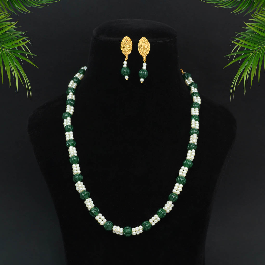 Green Color Stone Necklace Set (PN735GRN) - preyans.com