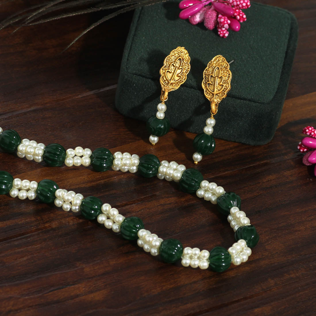 Green Color Stone Necklace Set (PN735GRN) - preyans.com