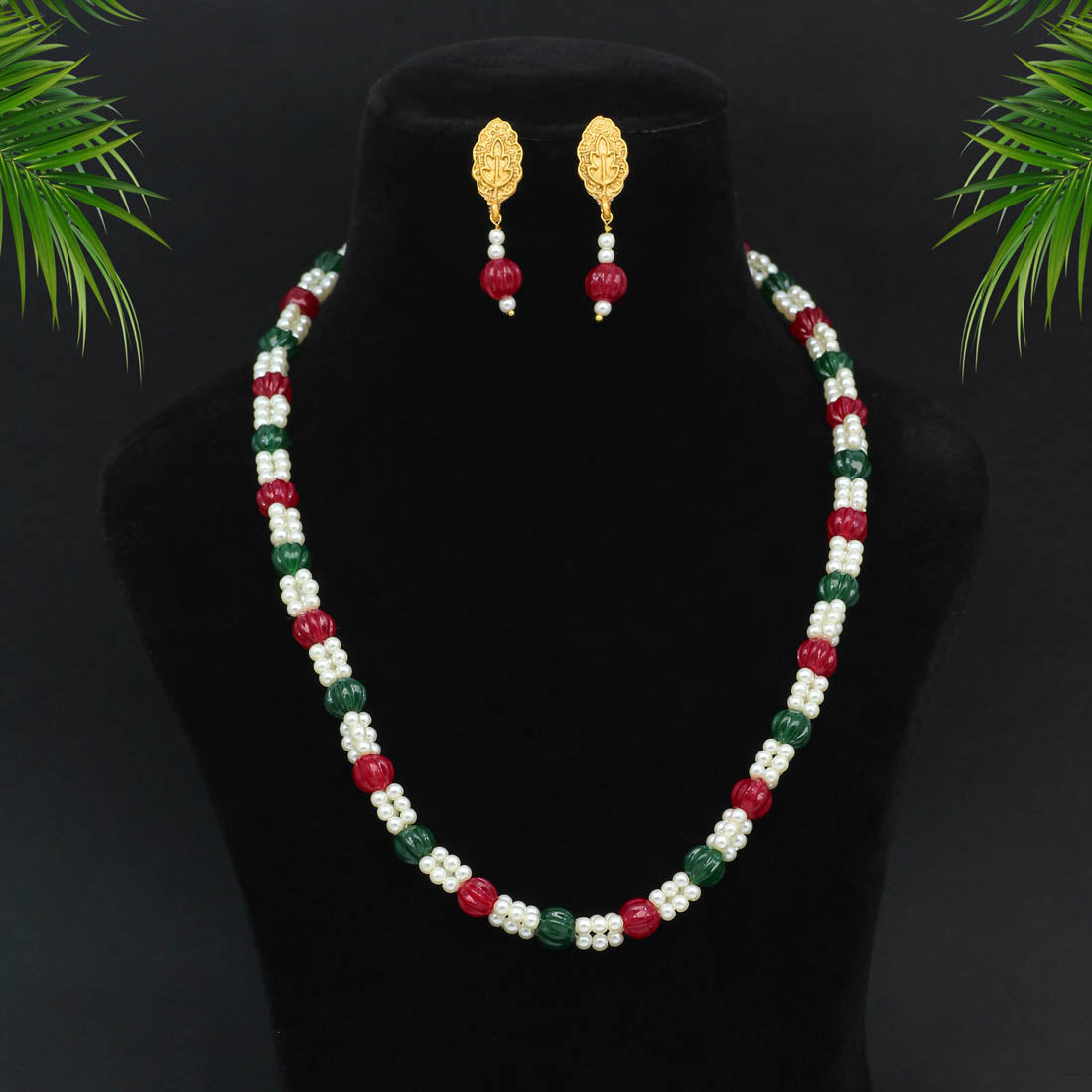 Maroon & Green Color Stone Necklace Set (PN735MG) - preyans.com