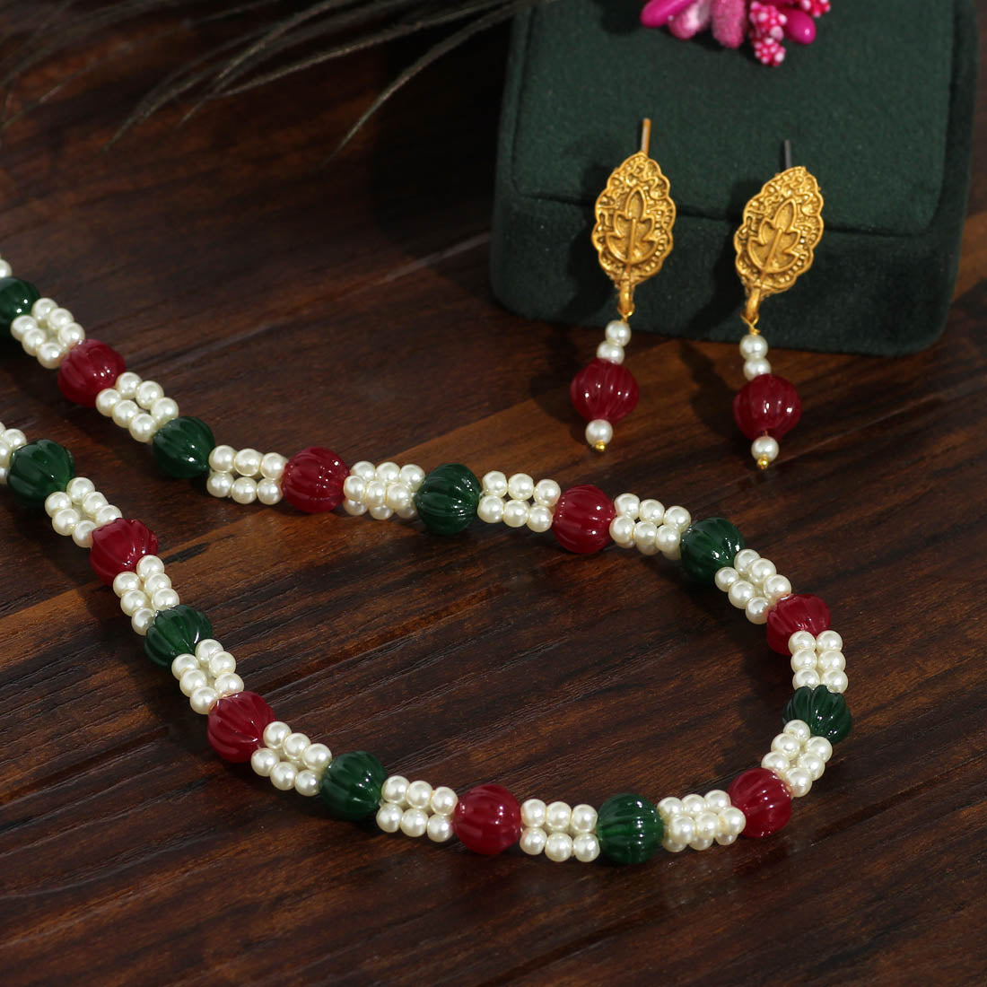 Maroon & Green Color Stone Necklace Set (PN735MG) - preyans.com