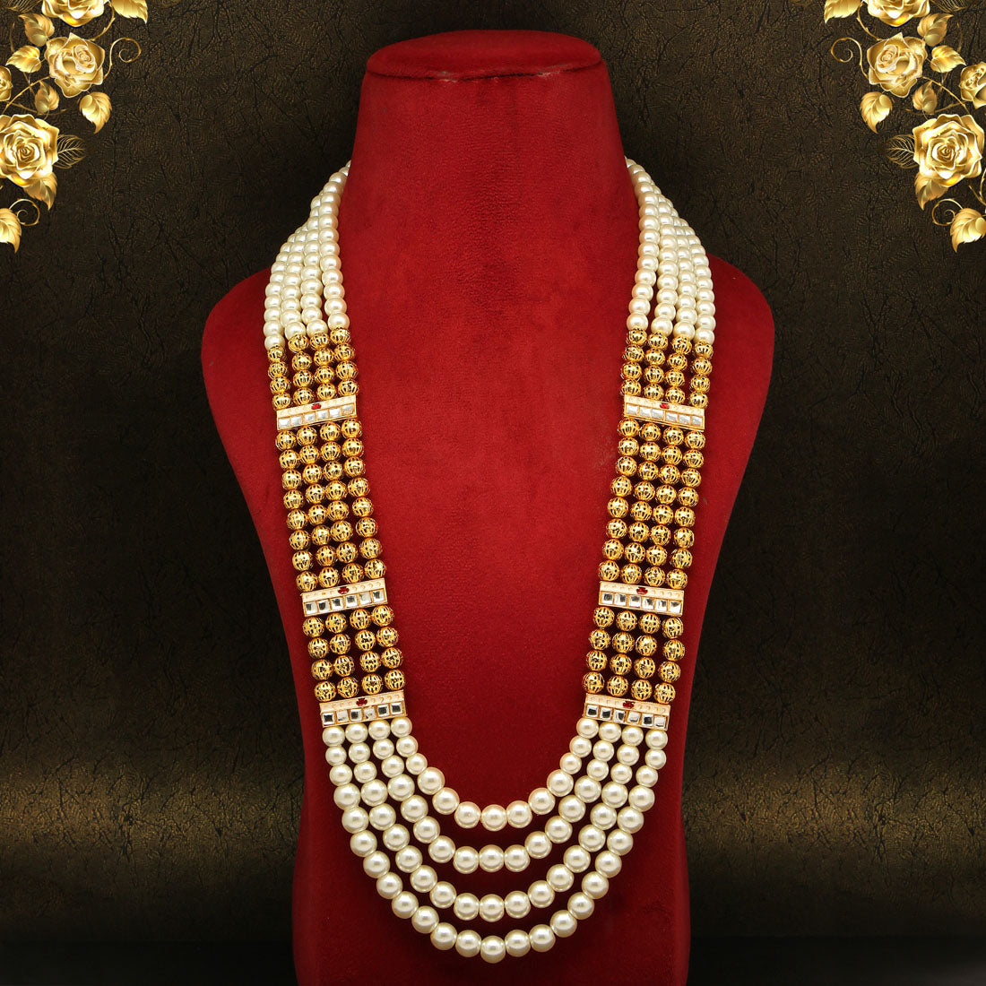 Gold & White Color Beads Long Necklace (PN737GLDWHT) - preyans.com