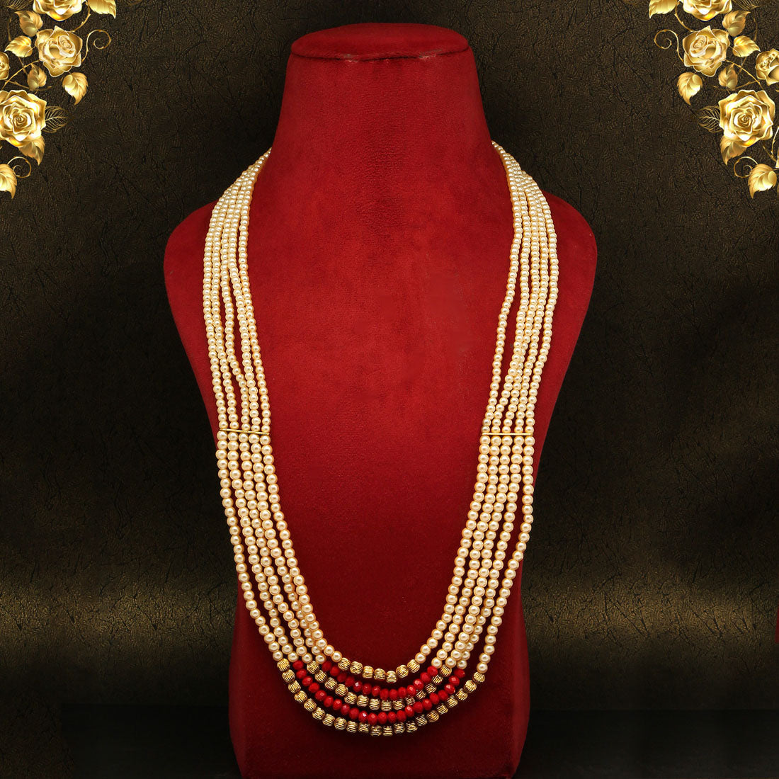 Red & Gold Color Beads Long Necklace (PN740REDGLD) - preyans.com