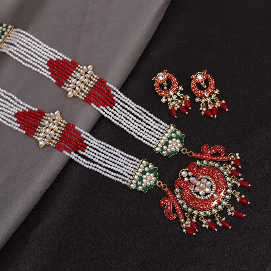 Red & Green Color Meena Work Rajputi Jewellery Rani Haar (PN776REDGRN) - preyans.com