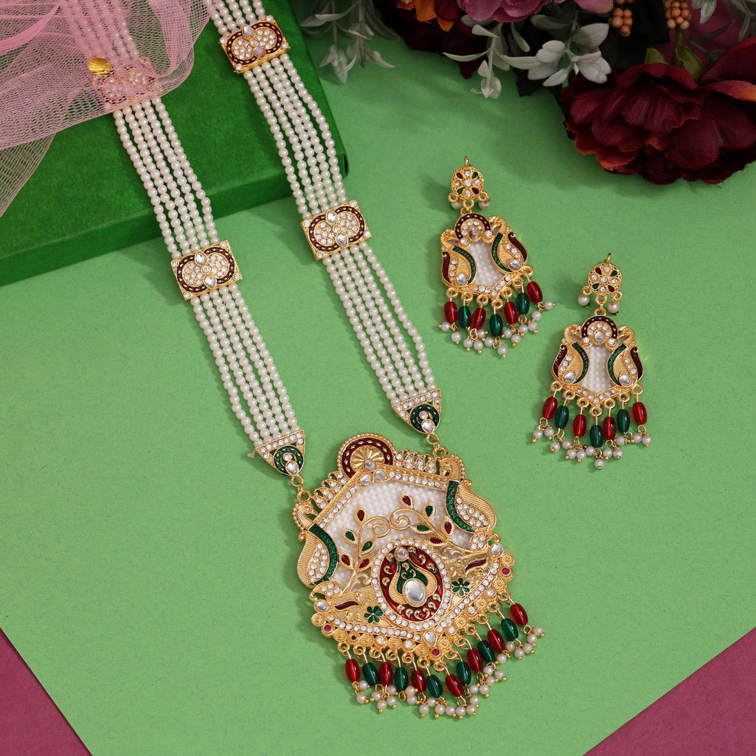 Maroon & Green Color Meena Work Rajputi Jewellery Rani Haar (PN811MG) - preyans.com