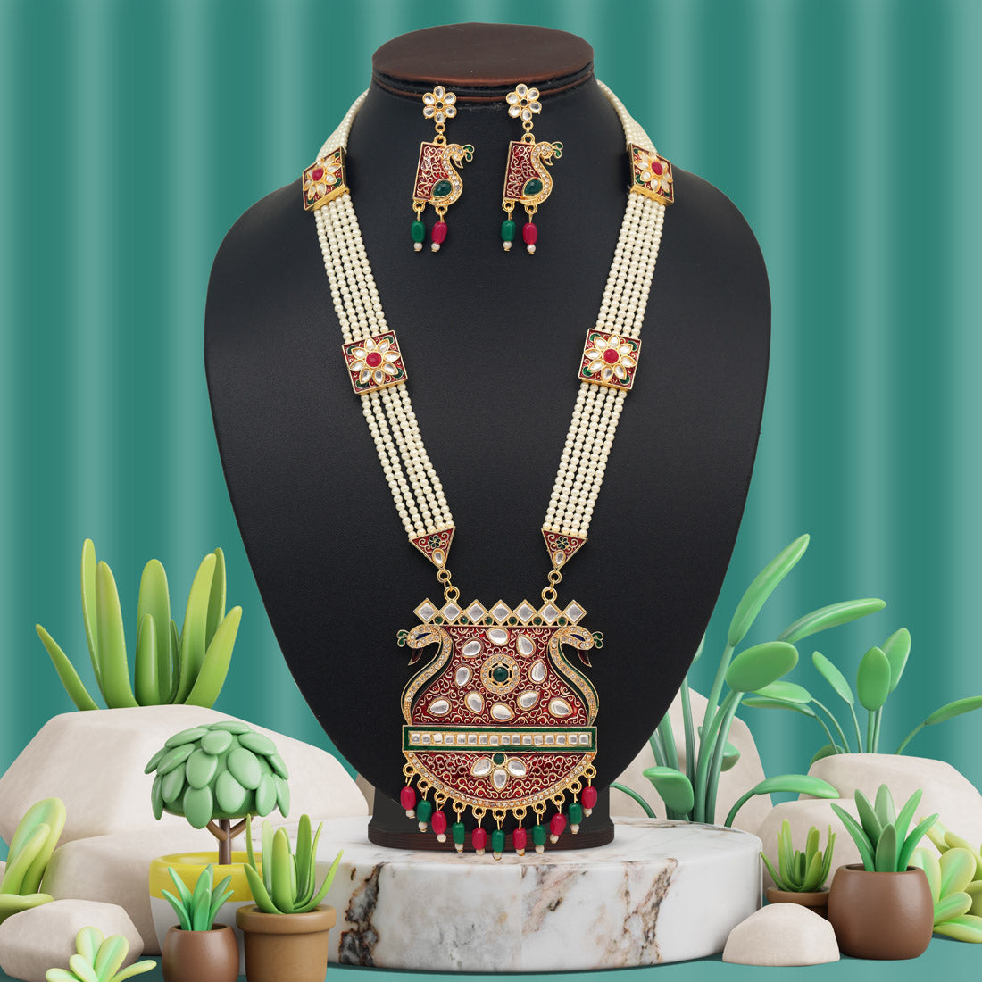 Maroon & Green Color Meena Work Rajputi Jewellery Rani Haar (PN814MG) - preyans.com