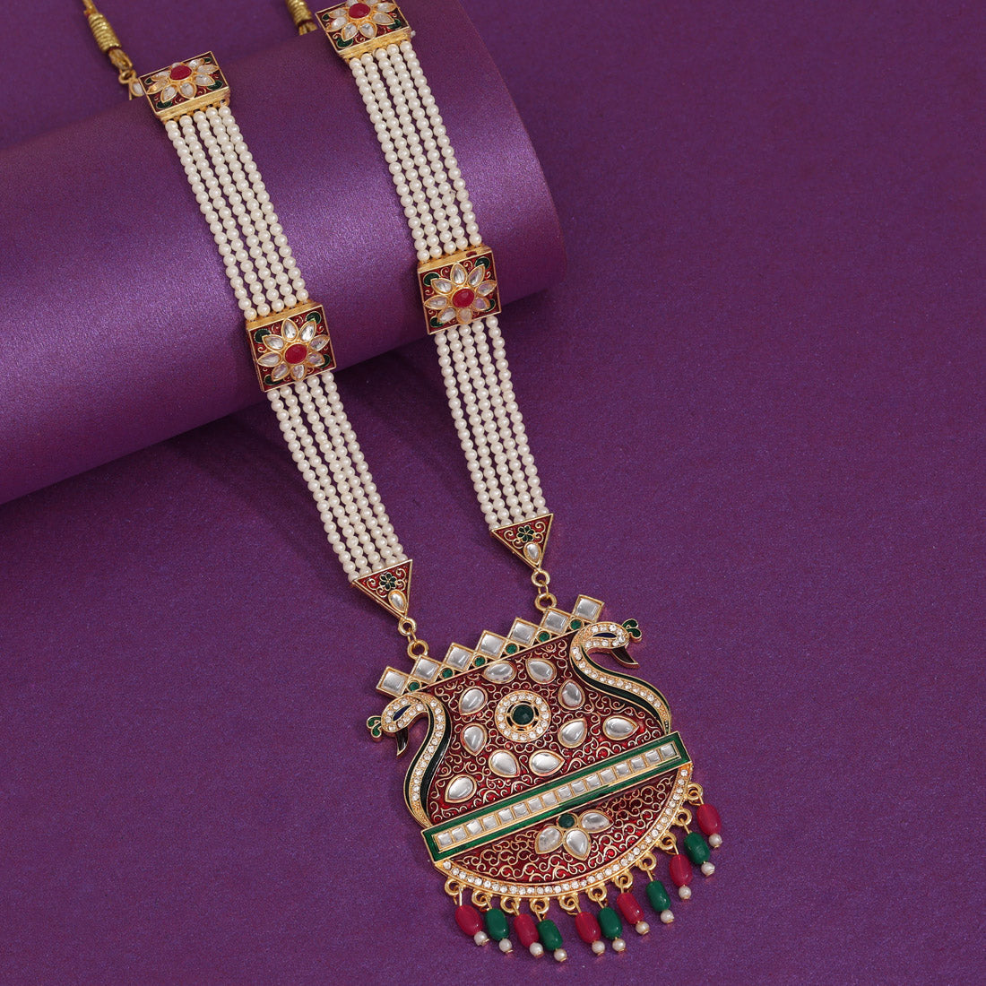 Maroon & Green Color Meena Work Rajputi Jewellery Rani Haar (PN814MG) - preyans.com