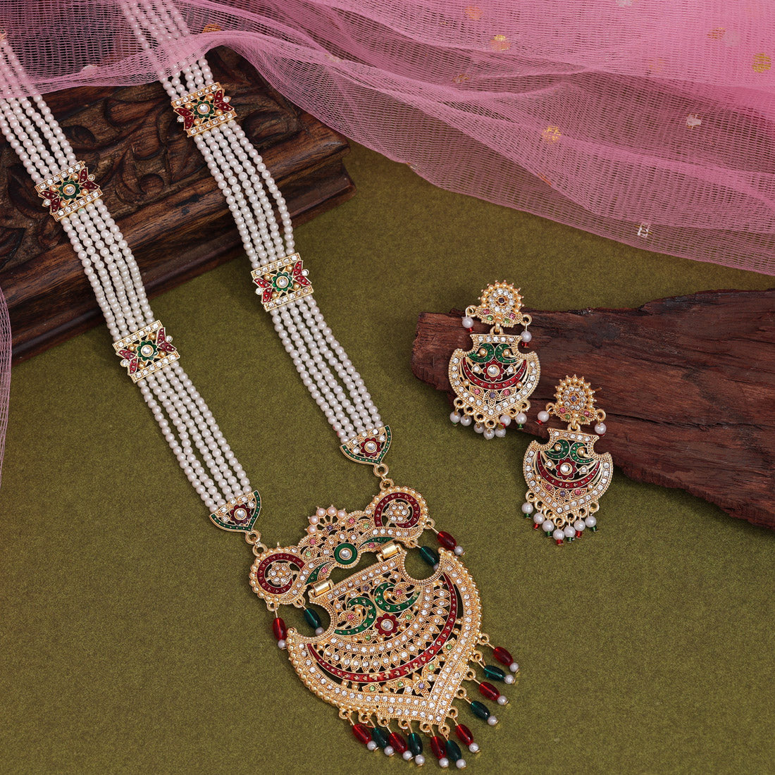 Maroon & Green Color Rajputi Jewellery Rani Haar (PN815MG) - Preyans.com