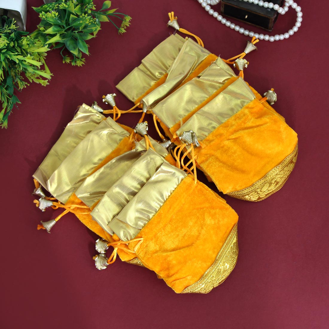 Yellow Color 15 Potli Velvet Bags (PTB166CMB) - preyans.com