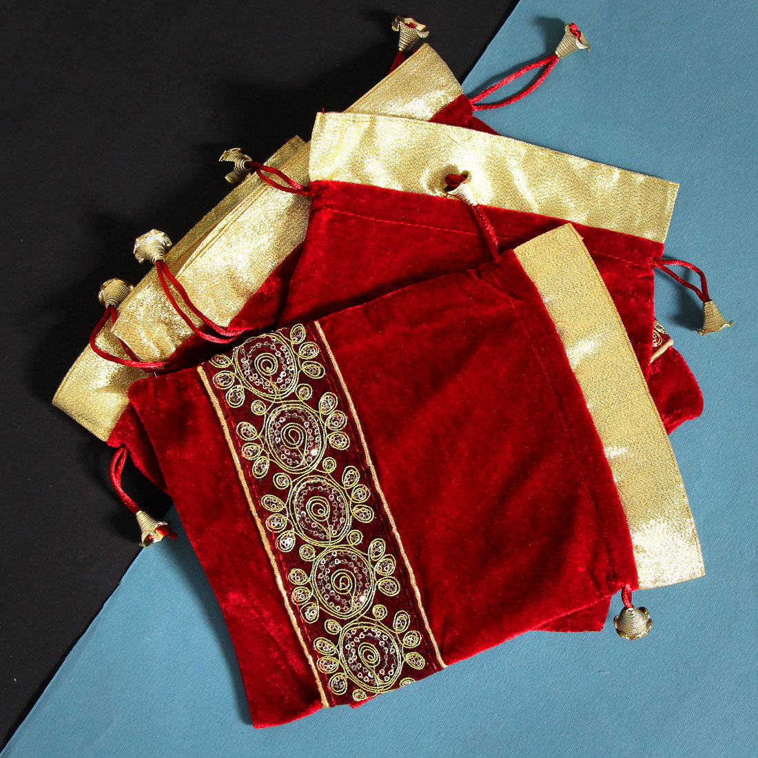 Red Color Velvet 5 Potli Velvet Bags (PTB210CMB) - preyans.com