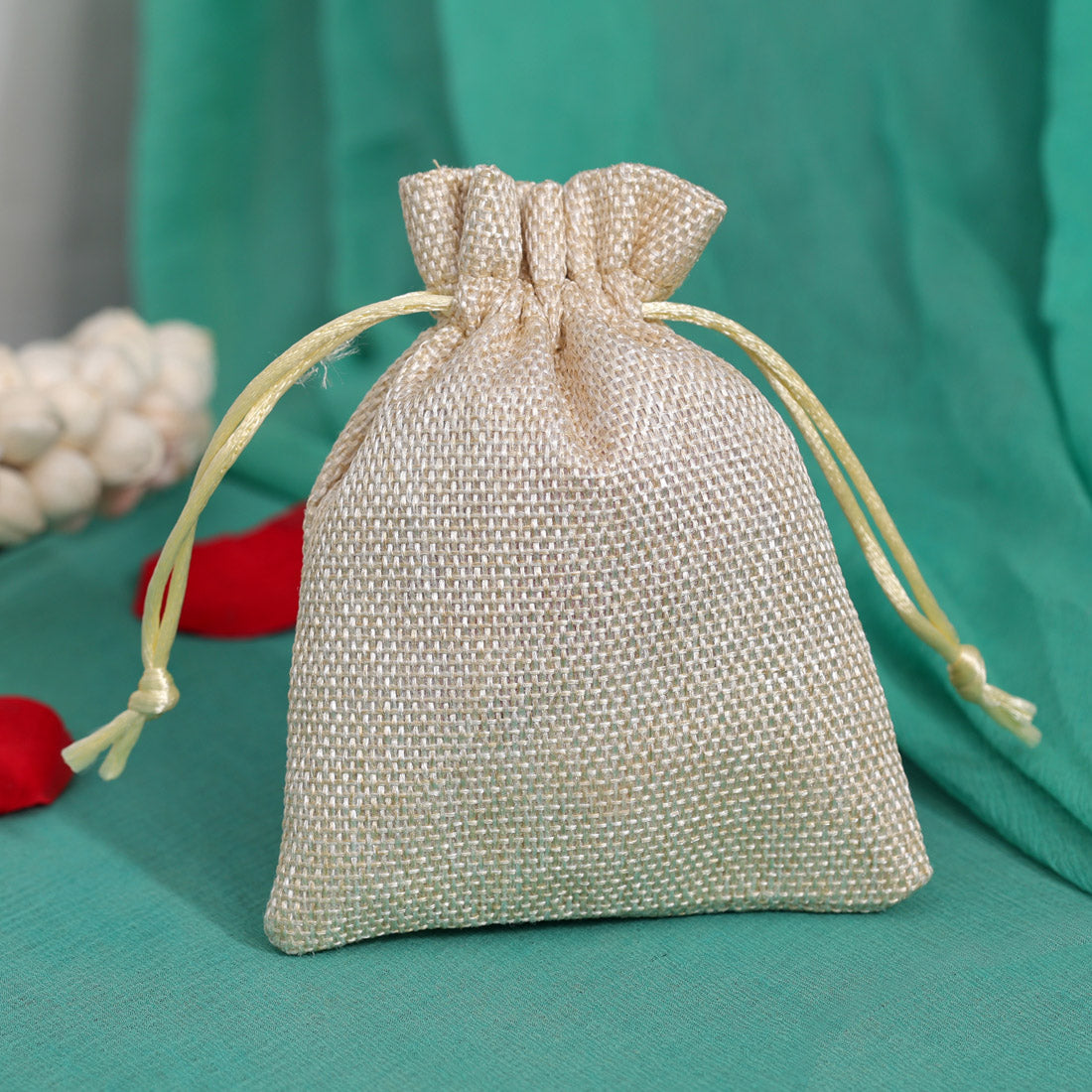 Cream & Beige Color 15 Pieces Of Jute Potli Bags (PTB222CMB) - preyans.com