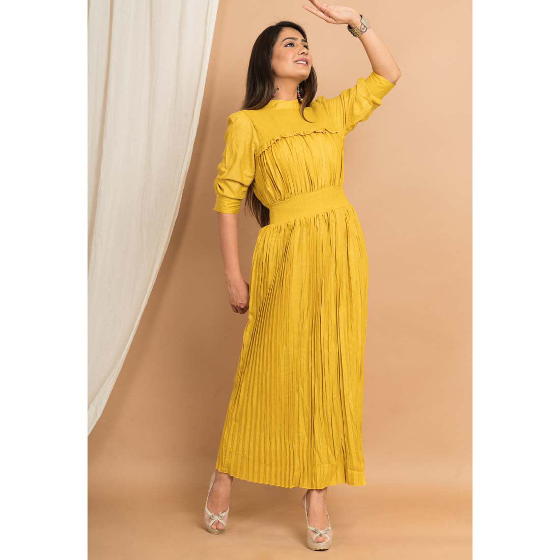 Mustard Color Rayon Solid Ethnic Gown (RED1141MYLW-M) - preyans.com