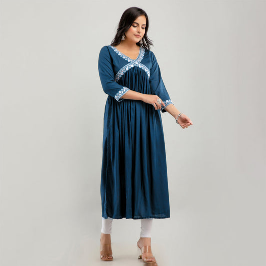 Turquoise Blue Color Embroidered Aliya Cut Kurta (RK227TBLU) - Preyans.com