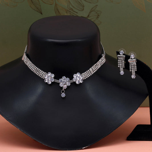 Silver Color Stone Necklace Set (STN189SLV) - preyans.com