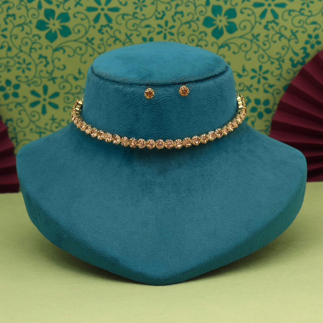 Gold Color Choker Stone Necklace Set (STN204GLD) - Preyans.com