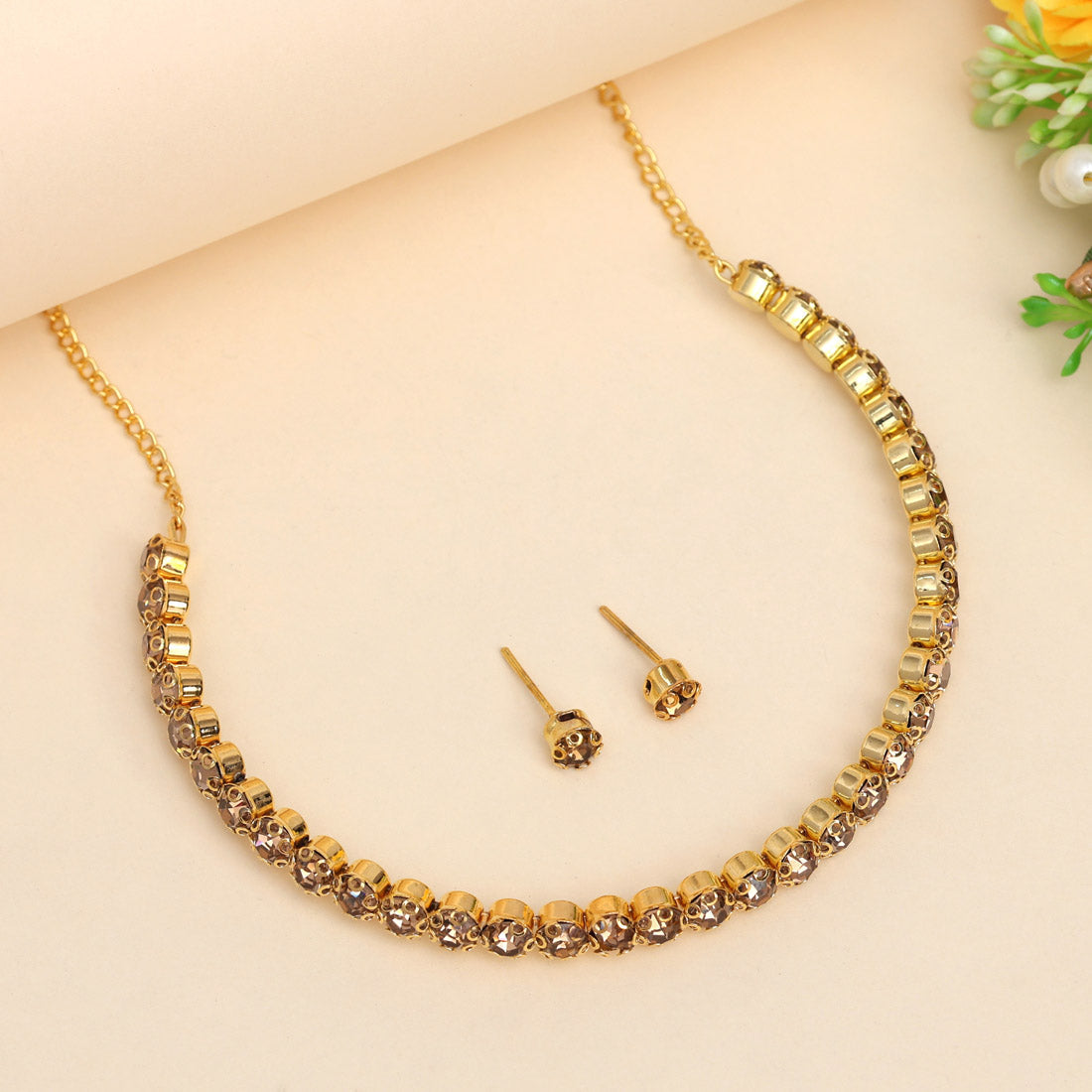 Gold Color Choker Stone Necklace Set (STN204GLD) - Preyans.com