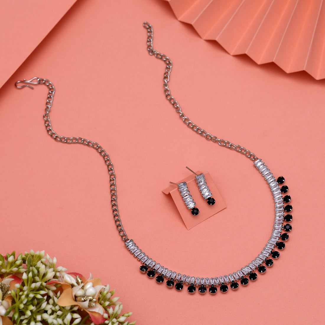 Black Color Stone Necklace Set (STN206BLK) - Preyans.com