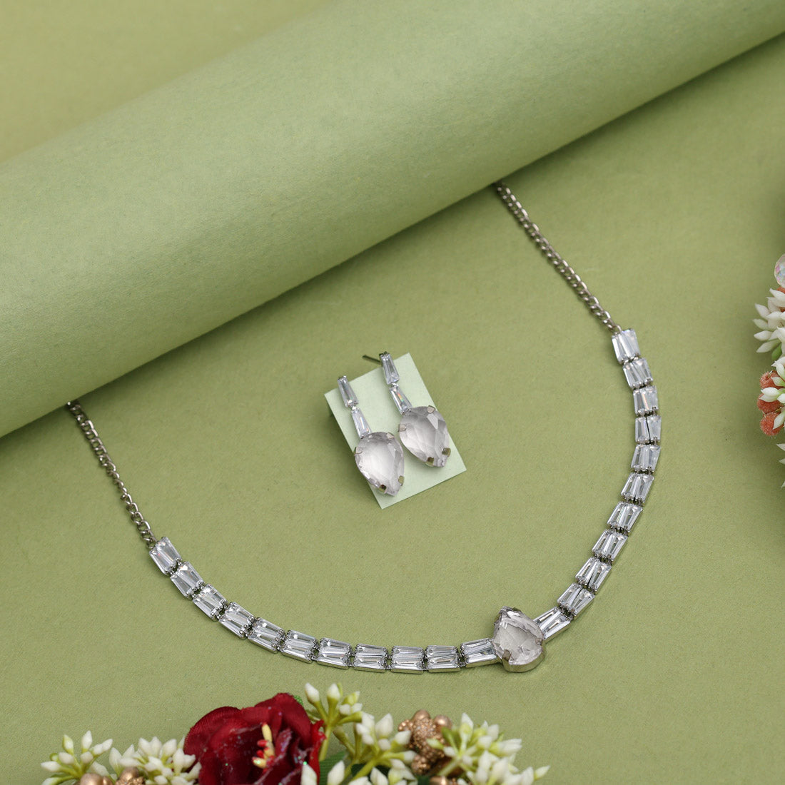 Silver Color Stone Necklace Set (STN216SLV)