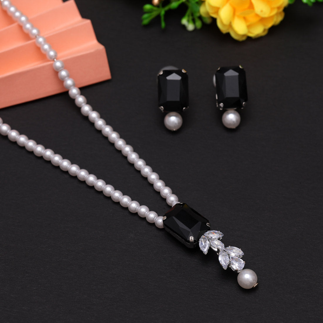 Black Color Stone Necklace Set (STN217BLK) - Preyans.com