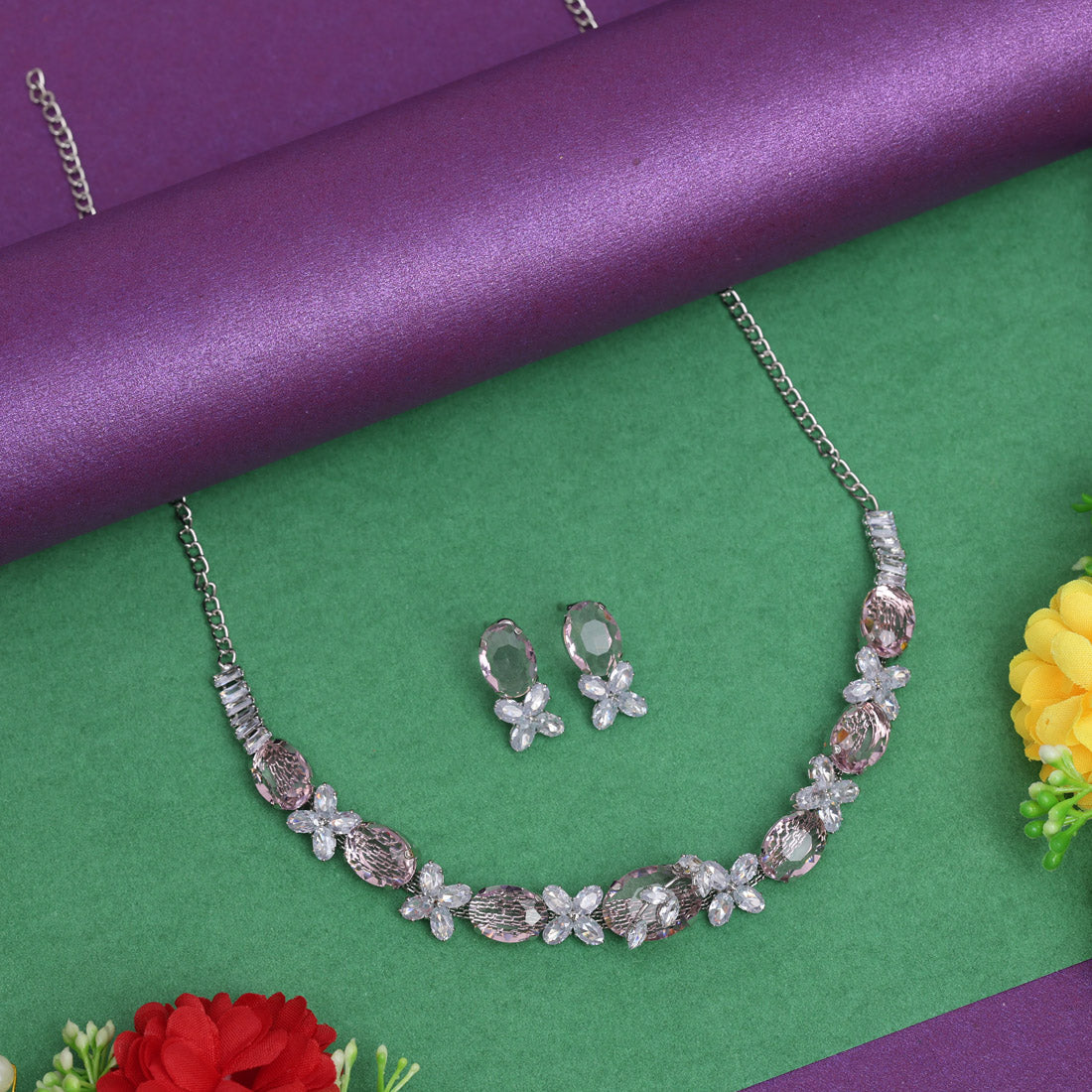 Pink Color Stone Necklace Set (STN219PNK)