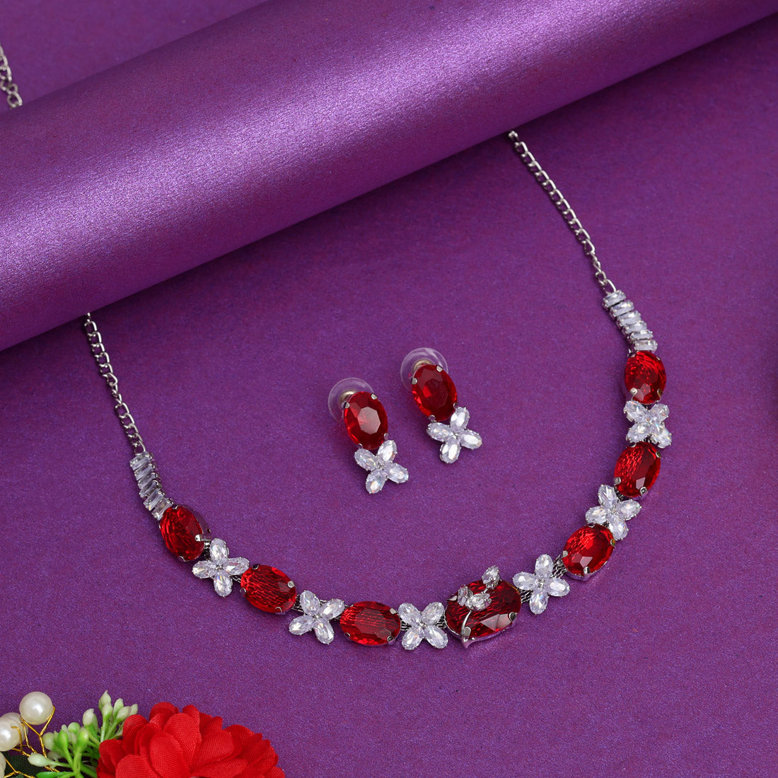 Red Color Stone Necklace Set (STN219RED) - Preyans.com