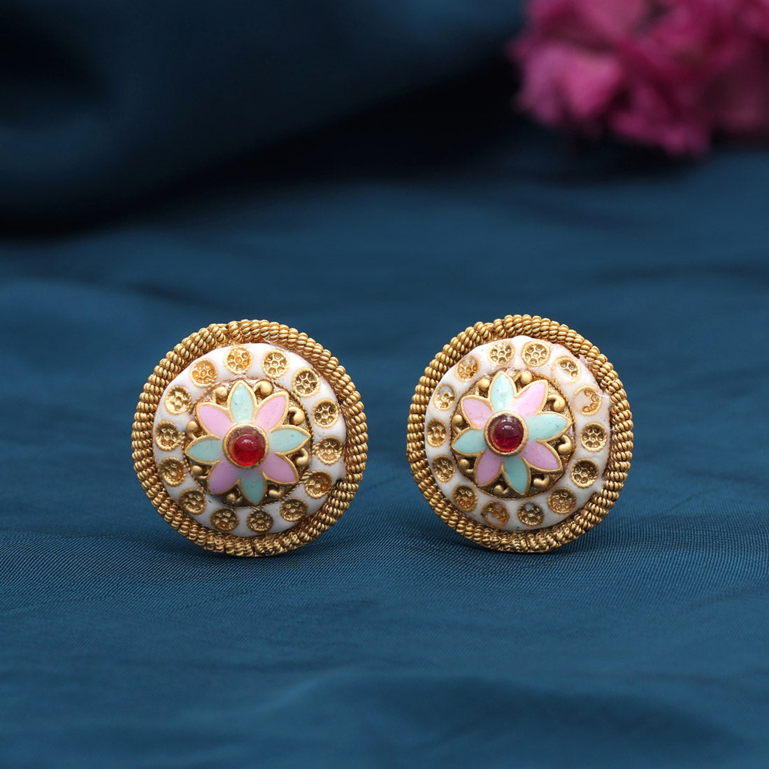 Pink & Pista Green Color Stud Earrings (STUD227PNKPGRN) - Preyans.com