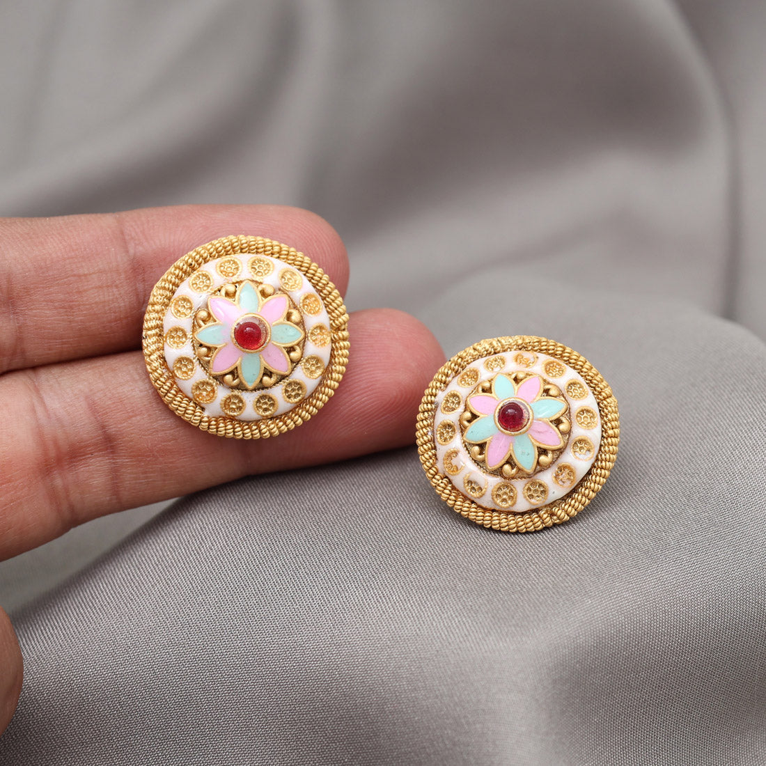 Pink & Pista Green Color Stud Earrings (STUD227PNKPGRN) - Preyans.com