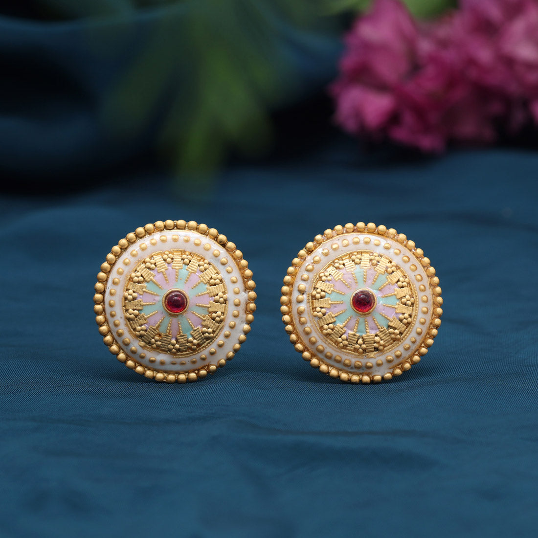 Pink & Pista Green Color Stud Earrings (STUD229PNKPGRN) - Preyans.com