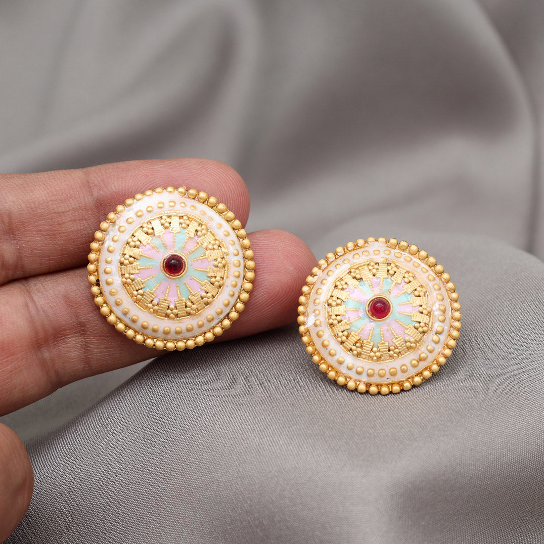 Pink & Pista Green Color Stud Earrings (STUD229PNKPGRN) - Preyans.com