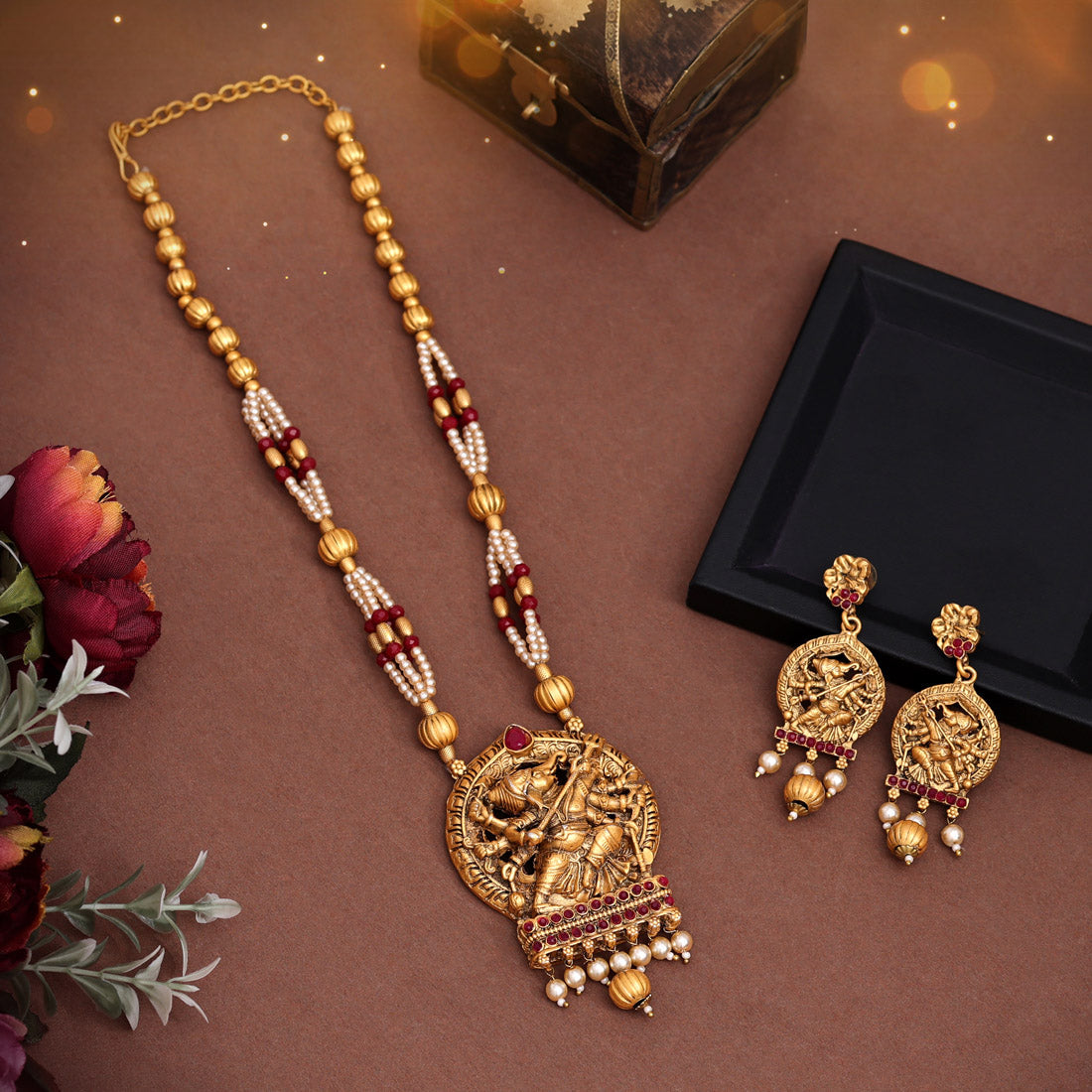 Maroon Color Lord Ganesha Rajwadi Matte Gold Temple Necklace Set (TPLN258MRN) - preyans.com