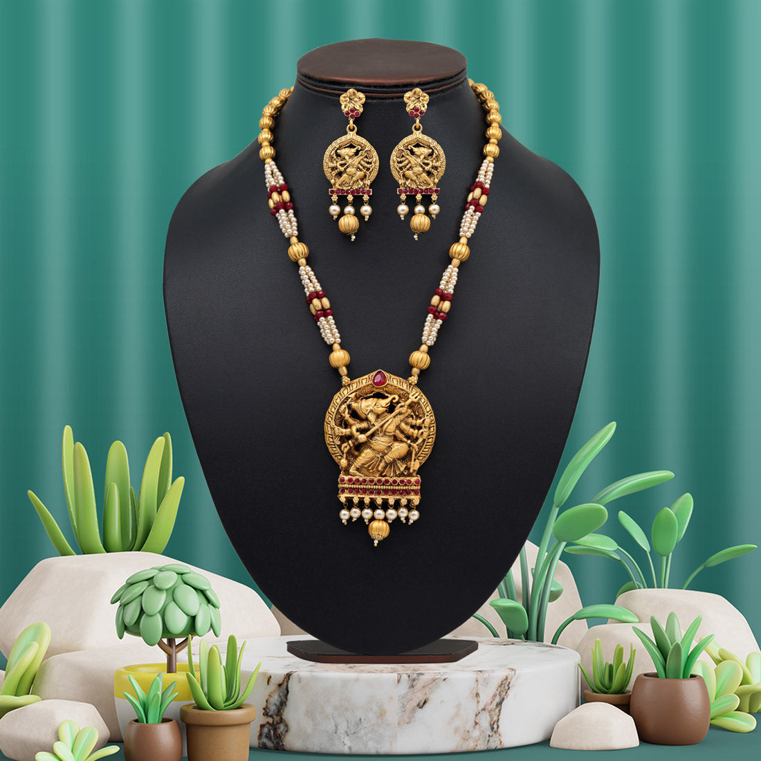 Maroon Color Lord Ganesha Rajwadi Matte Gold Temple Necklace Set (TPLN258MRN) - preyans.com