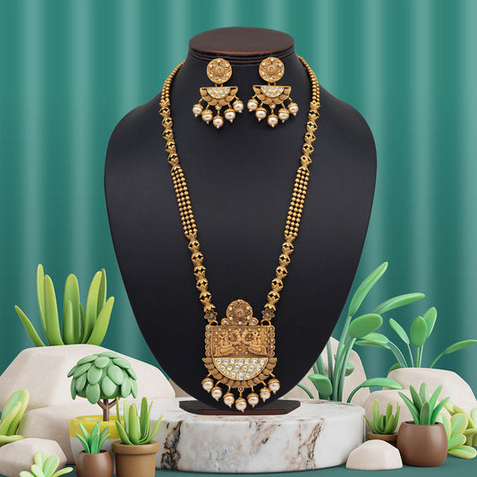 Gold Color Rajwadi Matte Gold Temple Necklace Set (TPLN260GLD) - preyans.com