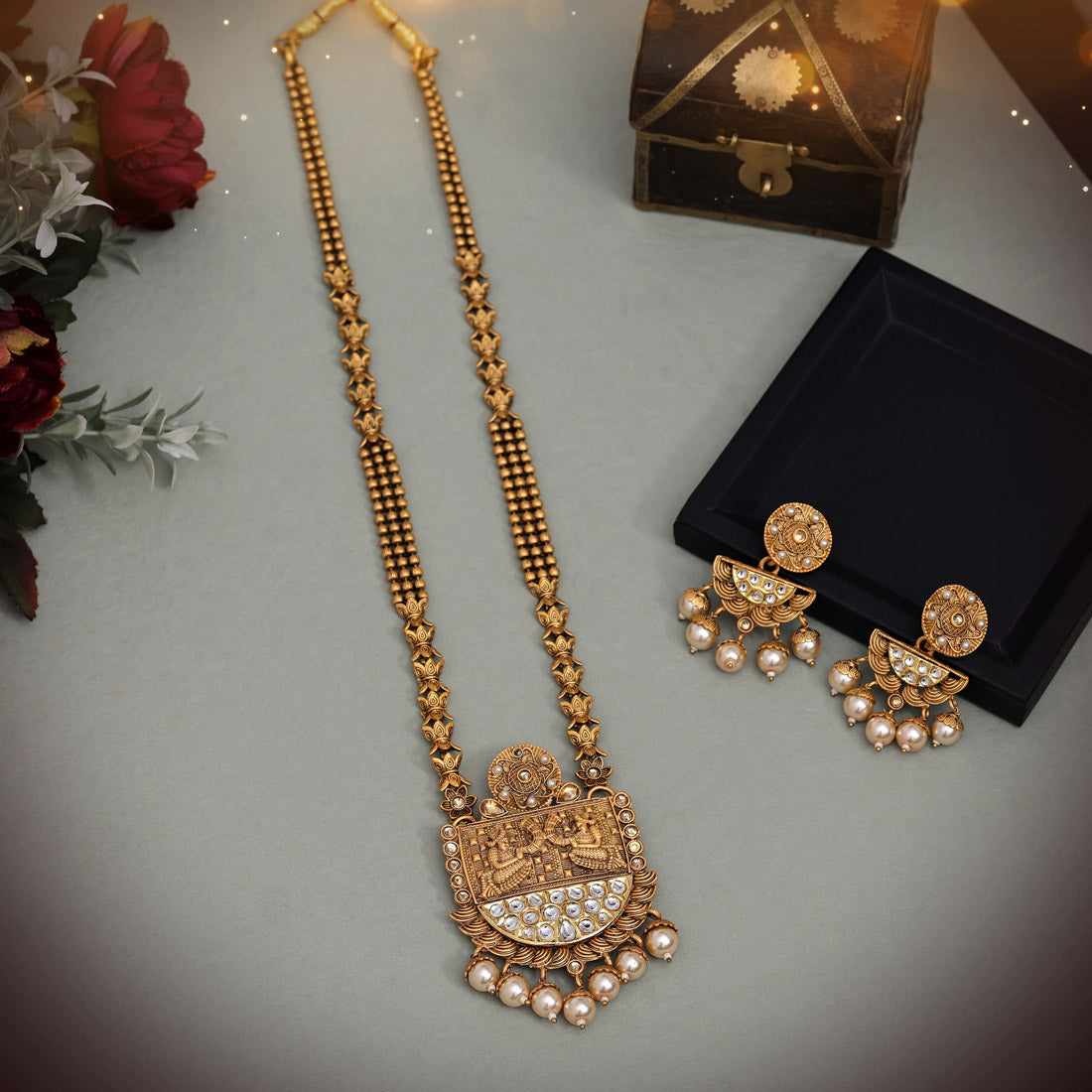 Gold Color Rajwadi Matte Gold Temple Necklace Set (TPLN260GLD) - preyans.com